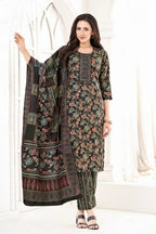 Women Black Floral Printed Kurta Set with Straight Pants & Dupatta | Festive Ethnic Wear