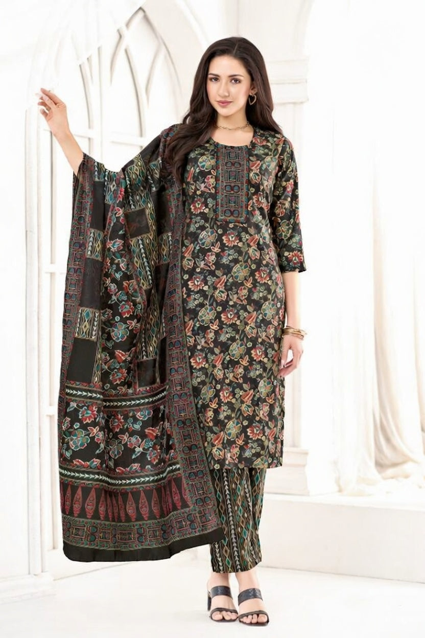 Women Black Floral Printed Kurta Set with Straight Pants & Dupatta | Festive Ethnic Wear